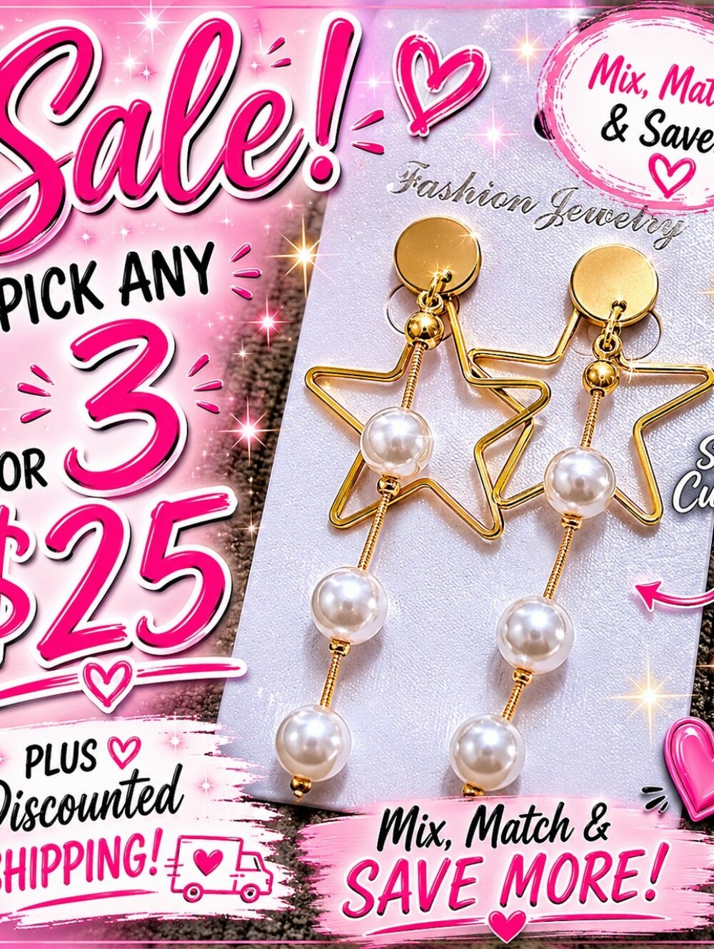 Star & Pearl Long Dangle Stud Earrings Gold Tone Celestial Drop Statement Jewelr